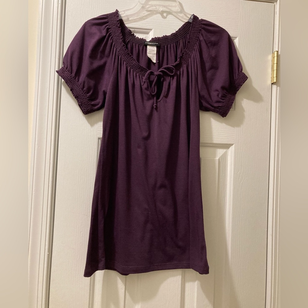 Purple top size L with gathered neckline and sleeve cuffs. Ties at the neck.